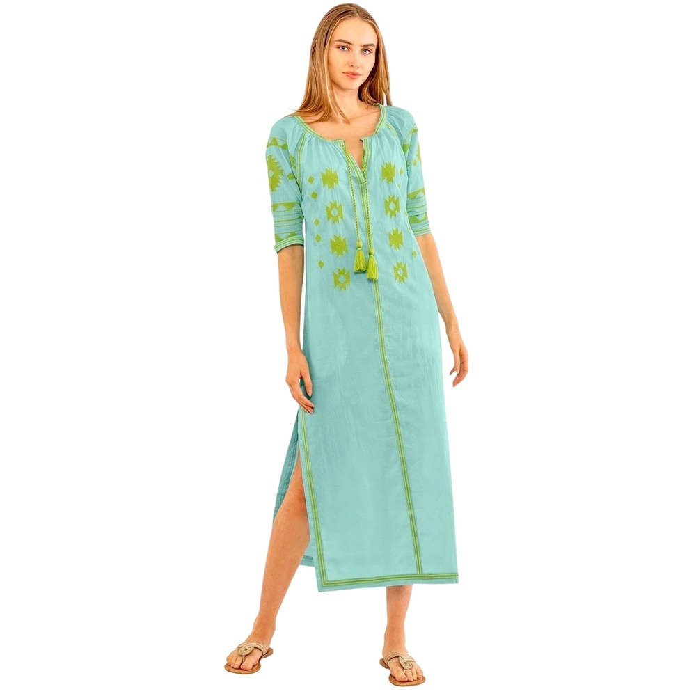 Gretchen Scott Montezuma Embroidered Midi Dress Women Med Turquoise Boho Tassel